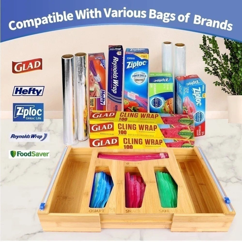 Brand New Ziploc Bag Storage Organizer Bamboo Expandable Wrap Dispenser & Cutter